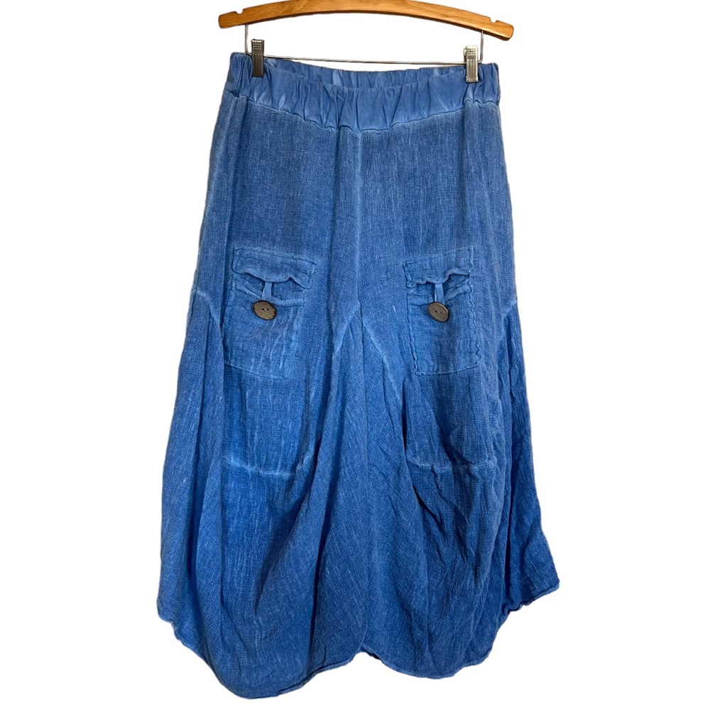 Meo Meli Blue Linen Blend Drapey Lagenlook Midi Skirt Size Large